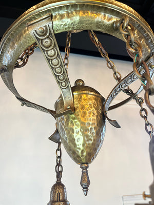 Antique Circa 1905-10 Four Light Hammered Arts and Crafts Cascade with Restored Original Finish and Original Four Sided Slag Glass Bell Shades