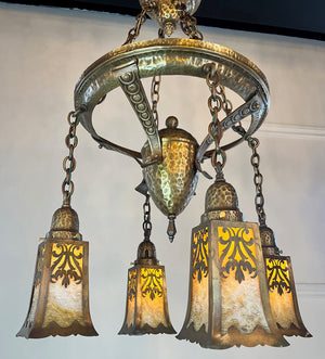 Antique Circa 1905-10 Four Light Hammered Arts and Crafts Cascade with Restored Original Finish and Original Four Sided Slag Glass Bell Shades