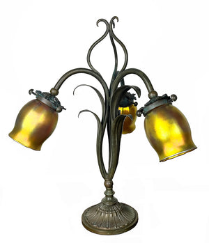 Antique Early 1900s Three Light European Art Noveau Leaf and Vine Table Lamp with Antique Signed Steuben Gold Aurene Shades