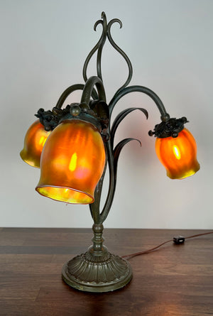 Antique Early 1900s Three Light European Art Noveau Leaf and Vine Table Lamp with Antique Signed Steuben Gold Aurene Shades