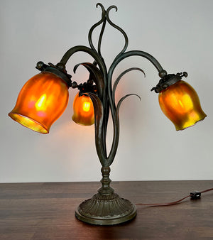 Antique Early 1900s Three Light European Art Noveau Leaf and Vine Table Lamp with Antique Signed Steuben Gold Aurene Shades