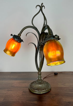 Antique Early 1900s Three Light European Art Noveau Leaf and Vine Table Lamp with Antique Signed Steuben Gold Aurene Shades