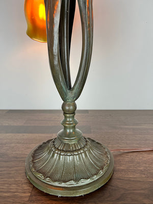 Antique Early 1900s Three Light European Art Noveau Leaf and Vine Table Lamp with Antique Signed Steuben Gold Aurene Shades