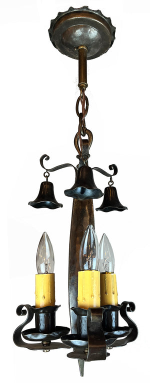 Antique Circa 1905 Arts and Crafts Wrought Iron and Brass Hammered Three Light Candle Fixture with Original Finish