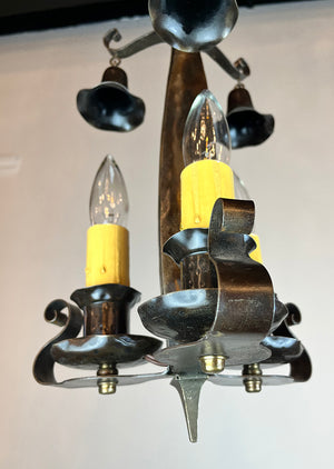 Antique Circa 1905 Arts and Crafts Wrought Iron and Brass Hammered Three Light Candle Fixture with Original Finish