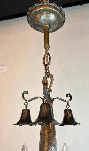 Antique Circa 1905 Arts and Crafts Wrought Iron and Brass Hammered Three Light Candle Fixture with Original Finish