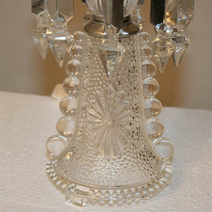 $400 PAIR - Pair of Antique Circa 1920, Single Light, Pressed Glass Candle Table Lamps with Cut Crystal Strands.