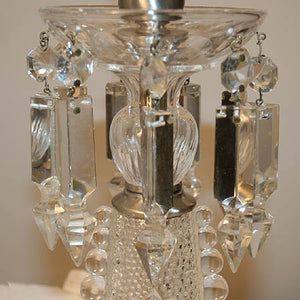 $400 PAIR - Pair of Antique Circa 1920, Single Light, Pressed Glass Candle Table Lamps with Cut Crystal Strands.