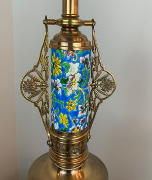 Antique Circa 1880 Aesthetic Movement, Eastlake Converted Gas Newel Post Table Lamp With Original Longwy Porcelain Inserts and Cast Geometric Openwork Base fitted With an Antique Acid Etched Floral Crown Top Shade