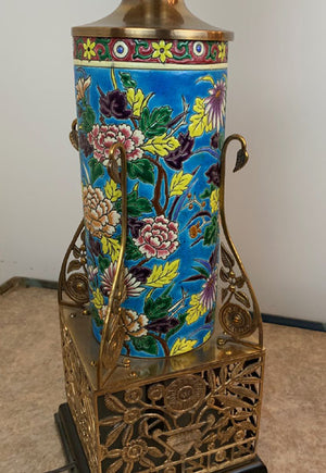 Antique Circa 1880 Aesthetic Movement, Eastlake Converted Gas Newel Post Table Lamp With Original Longwy Porcelain Inserts and Cast Geometric Openwork Base fitted With an Antique Acid Etched Floral Crown Top Shade
