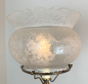Antique Circa 1880 Aesthetic Movement, Eastlake Converted Gas Newel Post Table Lamp With Original Longwy Porcelain Inserts and Cast Geometric Openwork Base fitted With an Antique Acid Etched Floral Crown Top Shade