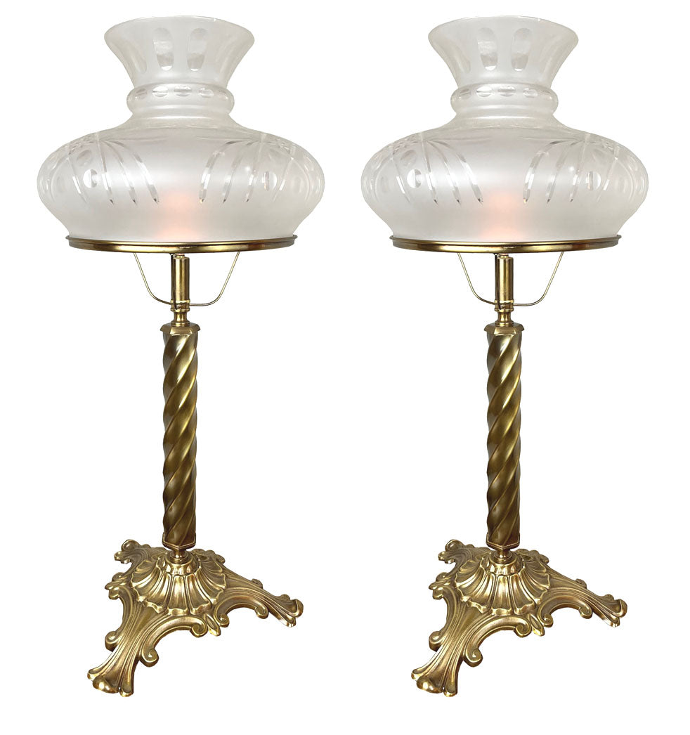 Handmade Contemporary Sinumbra Style Brass Table Lamps with Etched Glass Shades.