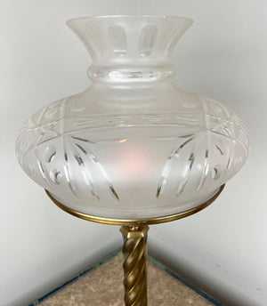 Handmade Contemporary Sinumbra Style Brass Table Lamps with Etched Glass Shades.