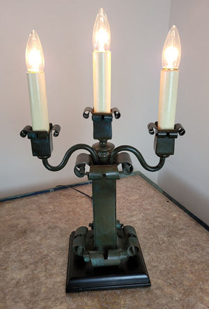 Antique Circa 1910, Three Light,  Arts and Crafts Converted Candelabra Newel Post Table Lamp with Scroll Details.