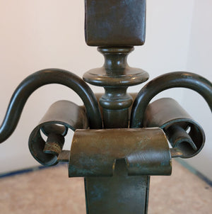 Antique Circa 1910, Three Light,  Arts and Crafts Converted Candelabra Newel Post Table Lamp with Scroll Details.