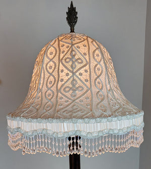 Antique Circa 1910, Single Light, Edwardian Fluted Column Wooden Table Lamp with a Handmade Offwhite Silk and Fringe Lampshade