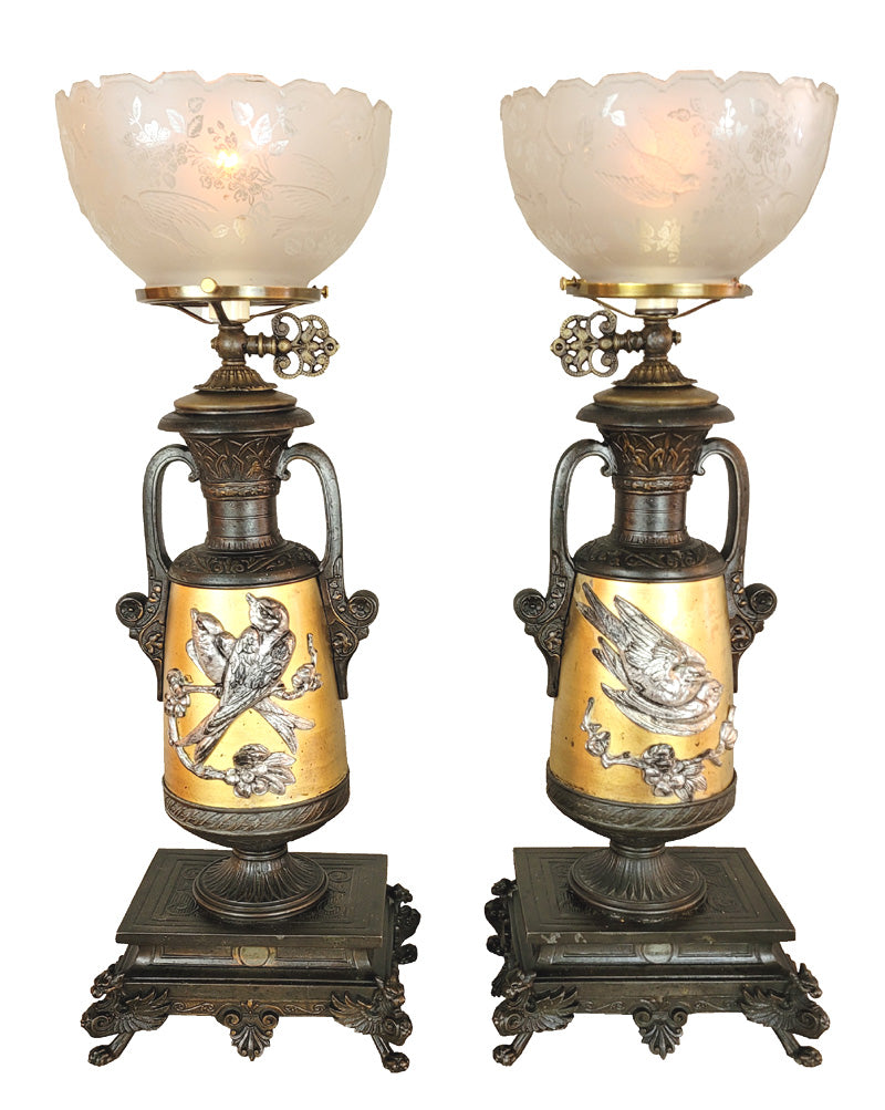 $2,400 PAIR - Antique Circa 1880s Incredible Eastlake Gas Portable Table Lamps with Sparrow and Griffin Motifs