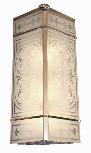 $3000 PAIR - Antique Circa 1925, Incredible Pair of Commercial Art Deco Wall Sconces with Stencil Etched Glass Panels.