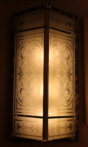 $3000 PAIR - Antique Circa 1925, Incredible Pair of Commercial Art Deco Wall Sconces with Stencil Etched Glass Panels.