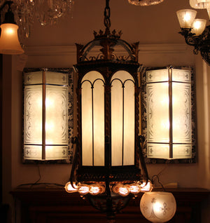 $3000 PAIR - Antique Circa 1925, Incredible Pair of Commercial Art Deco Wall Sconces with Stencil Etched Glass Panels.