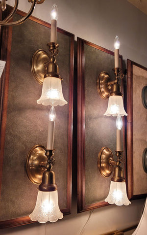 $790 PAIR - Antique Circa 1900 Converted Gas Electric Wall Sconces with Antique Cut Glass Shades