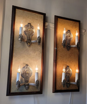 $750 PAIR - Antique Circa 1930 Two Light, Art Deco Wall Sconces with Cast Chevron and Fan Details.