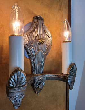 $750 PAIR - Antique Circa 1930 Two Light, Art Deco Wall Sconces with Cast Chevron and Fan Details.