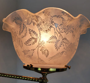 $900 PAIR - Circa 1880, Single Light Converted Gas Adjustable Wall Sconces with Cast Fleurette Details and Antique Stencil Etched Ruffled Shades.