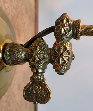 $900 PAIR - Circa 1880, Single Light Converted Gas Adjustable Wall Sconces with Cast Fleurette Details and Antique Stencil Etched Ruffled Shades.