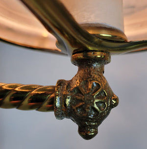 $900 PAIR - Circa 1880, Single Light Converted Gas Adjustable Wall Sconces with Cast Fleurette Details and Antique Stencil Etched Ruffled Shades.