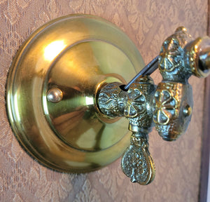 $900 PAIR - Circa 1880, Single Light Converted Gas Adjustable Wall Sconces with Cast Fleurette Details and Antique Stencil Etched Ruffled Shades.