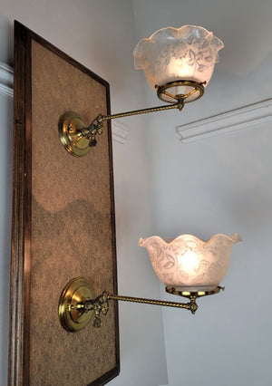 $900 PAIR - Circa 1880, Single Light Converted Gas Adjustable Wall Sconces with Cast Fleurette Details and Antique Stencil Etched Ruffled Shades.