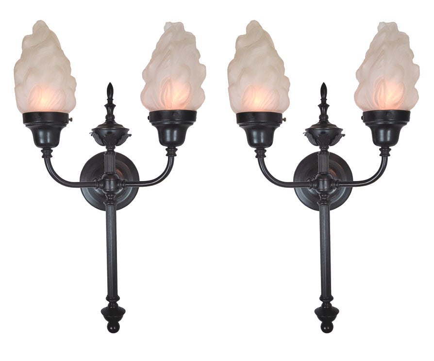 $1,500 PAIR - Contemporary Two Light, Paramount Neoclassical Wall Sconces with Scroll Arms and Flame Glass Shades.