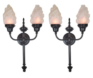$1,500 PAIR - Contemporary Two Light, Paramount Neoclassical Wall Sconces with Scroll Arms and Flame Glass Shades.