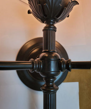 $1,500 PAIR - Contemporary Two Light, Paramount Neoclassical Wall Sconces with Scroll Arms and Flame Glass Shades.