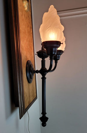 $1,500 PAIR - Contemporary Two Light, Paramount Neoclassical Wall Sconces with Scroll Arms and Flame Glass Shades.