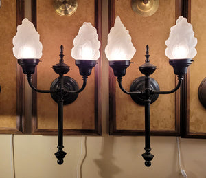 $1,500 PAIR - Contemporary Two Light, Paramount Neoclassical Wall Sconces with Scroll Arms and Flame Glass Shades.