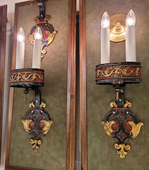 $600 EACH - Circa 1910 Two Light, Beaux Arts Theatre Wall Sconces with Original Painted Finish - SET OF 3 AVAILABLE