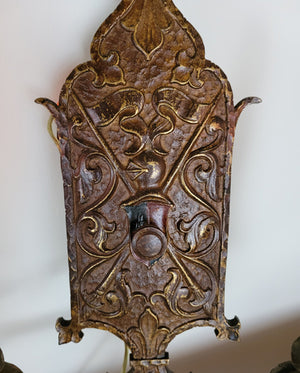 $900 PAIR - Circa 1920, Two Light, Cast Tudor Revival Wall Sconces with Shield Backplates and Fleurs De Lis Details