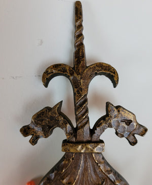 $900 PAIR - Circa 1920, Two Light, Cast Tudor Revival Wall Sconces with Shield Backplates and Fleurs De Lis Details