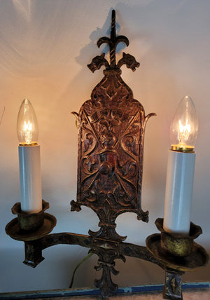 $900 PAIR - Circa 1920, Two Light, Cast Tudor Revival Wall Sconces with Shield Backplates and Fleurs De Lis Details