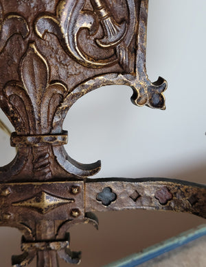 $900 PAIR - Circa 1920, Two Light, Cast Tudor Revival Wall Sconces with Shield Backplates and Fleurs De Lis Details
