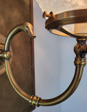 $1,300 PAIR - Antique Circa 1890 Single Light, Goose Head Converted Gas Wall Sconces with an Antique Acid Etched Shades