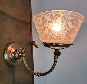 $1,300 PAIR - Antique Circa 1890 Single Light, Goose Head Converted Gas Wall Sconces with an Antique Acid Etched Shades