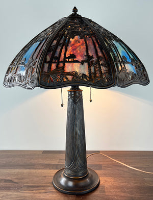 Stunning Antique Circa 1905 Signed Bradley and Hubbard Eight Sided Panel Lamp with Sunset Palm Motif Shade and Embossed Oak Leaf Base