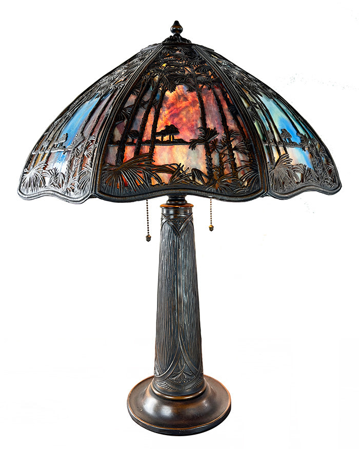 Stunning Antique Circa 1905 Signed Bradley and Hubbard Eight Sided Panel Lamp with Sunset Palm Motif Shade and Embossed Oak Leaf Base