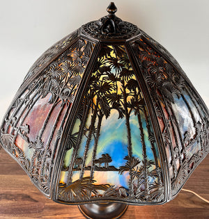 Stunning Antique Circa 1905 Signed Bradley and Hubbard Eight Sided Panel Lamp with Sunset Palm Motif Shade and Embossed Oak Leaf Base