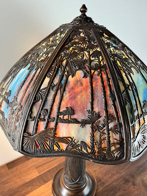 Stunning Antique Circa 1905 Signed Bradley and Hubbard Eight Sided Panel Lamp with Sunset Palm Motif Shade and Embossed Oak Leaf Base