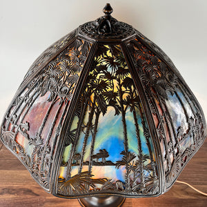 Stunning Antique Circa 1905 Signed Bradley and Hubbard Eight Sided Panel Lamp with Sunset Palm Motif Shade and Embossed Oak Leaf Base