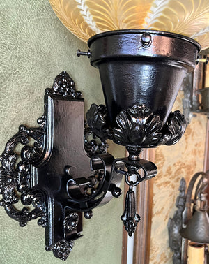Antique early 1900s Beaux Arts Wrought and Cast Iron Exterior Wall Sconce with Handblown Lundberg Studios Glass Shade